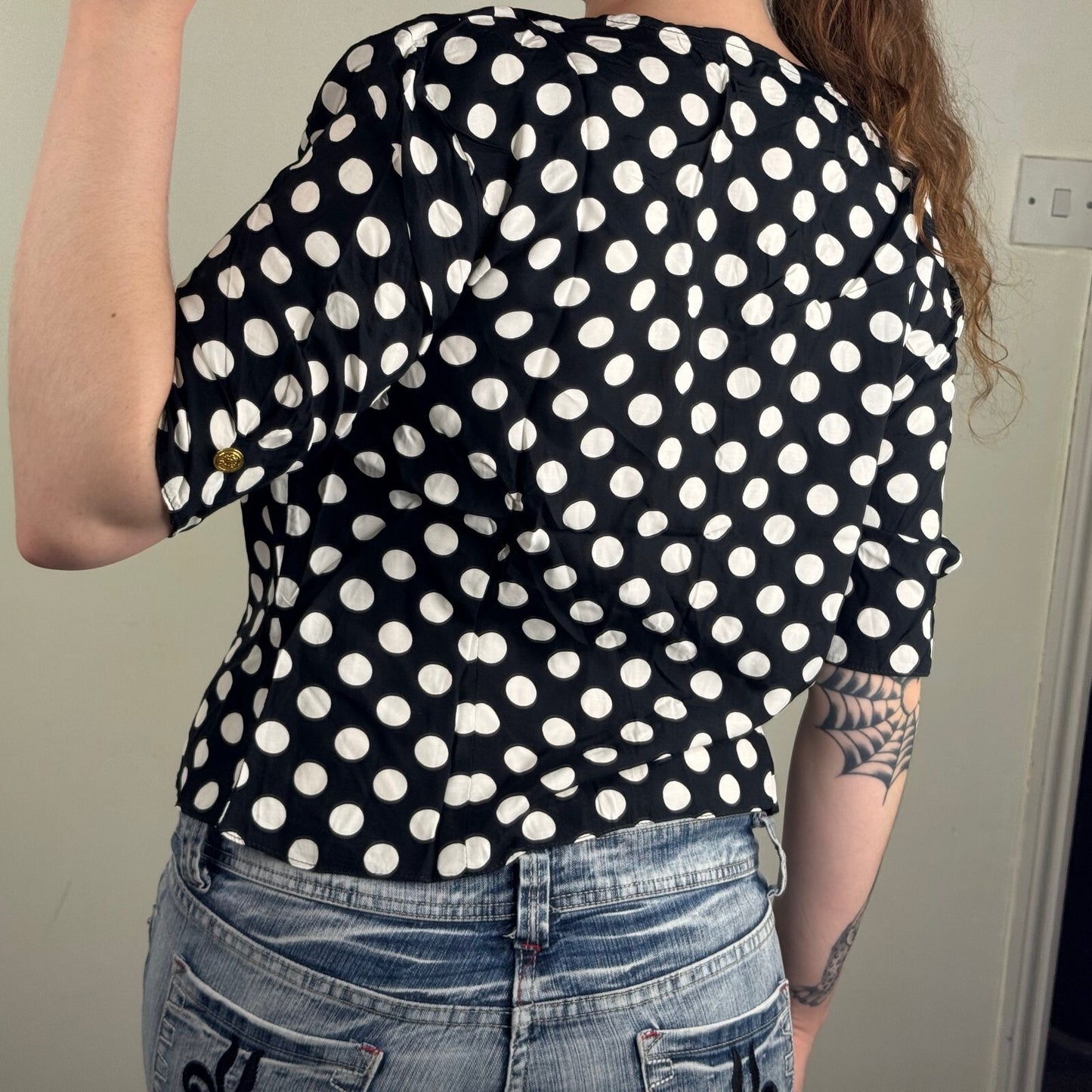 Vintage 80s blouse shoulder pads 3/4 sleeve polka dot shirt buttons tailored
