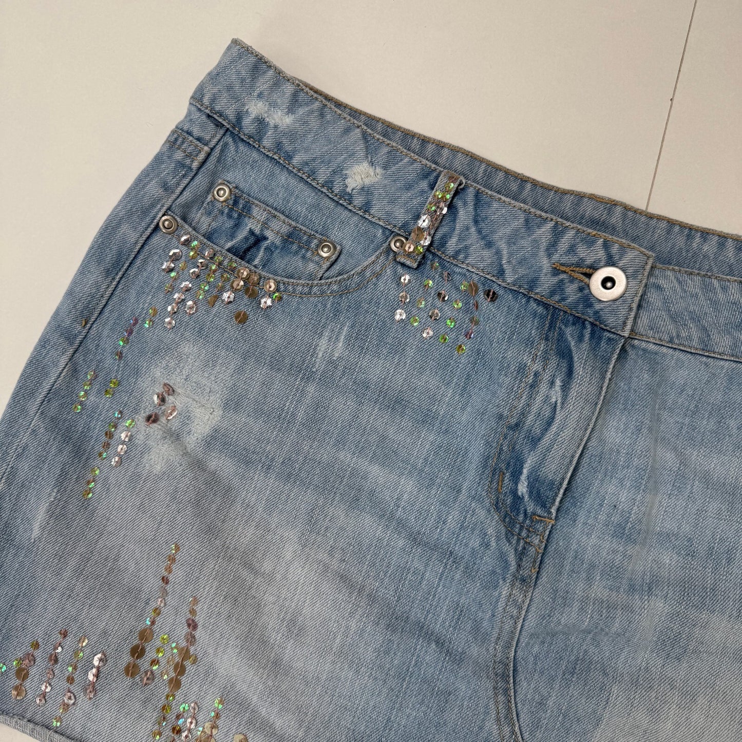 Y2K vintage mini skirt sequin light blue denim wash distressed embellished
