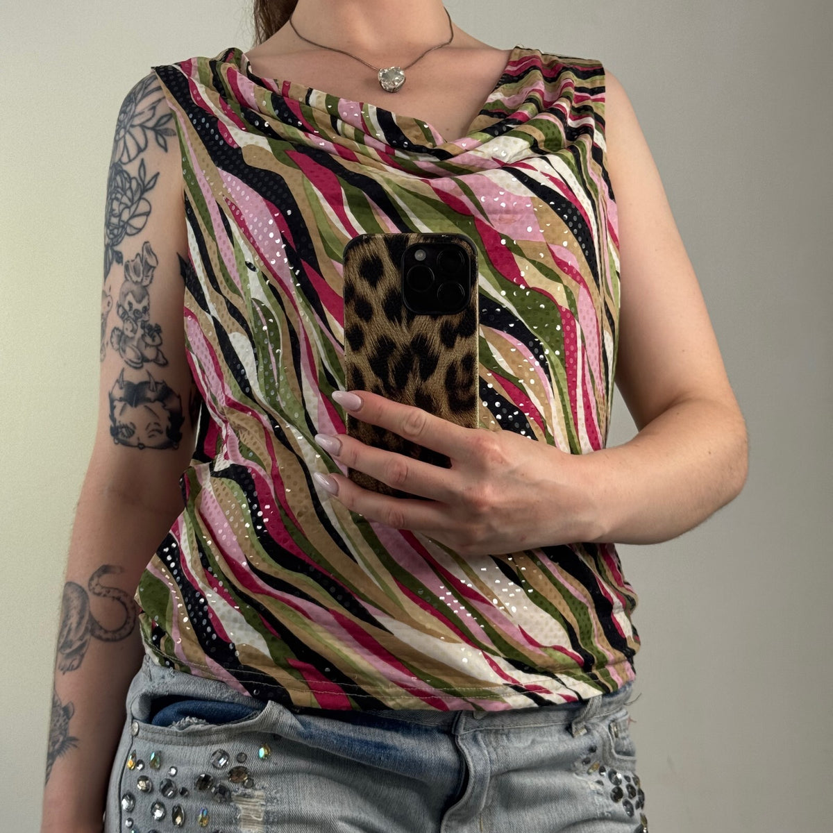 Y2K vintage tank top swirly cowl neck bow party shimmer multi going out