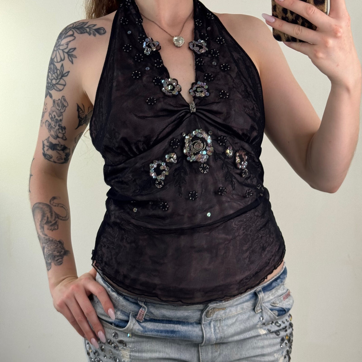 Y2K vintage halter neck top mesh floral sequin beaded embellished ruched v neck