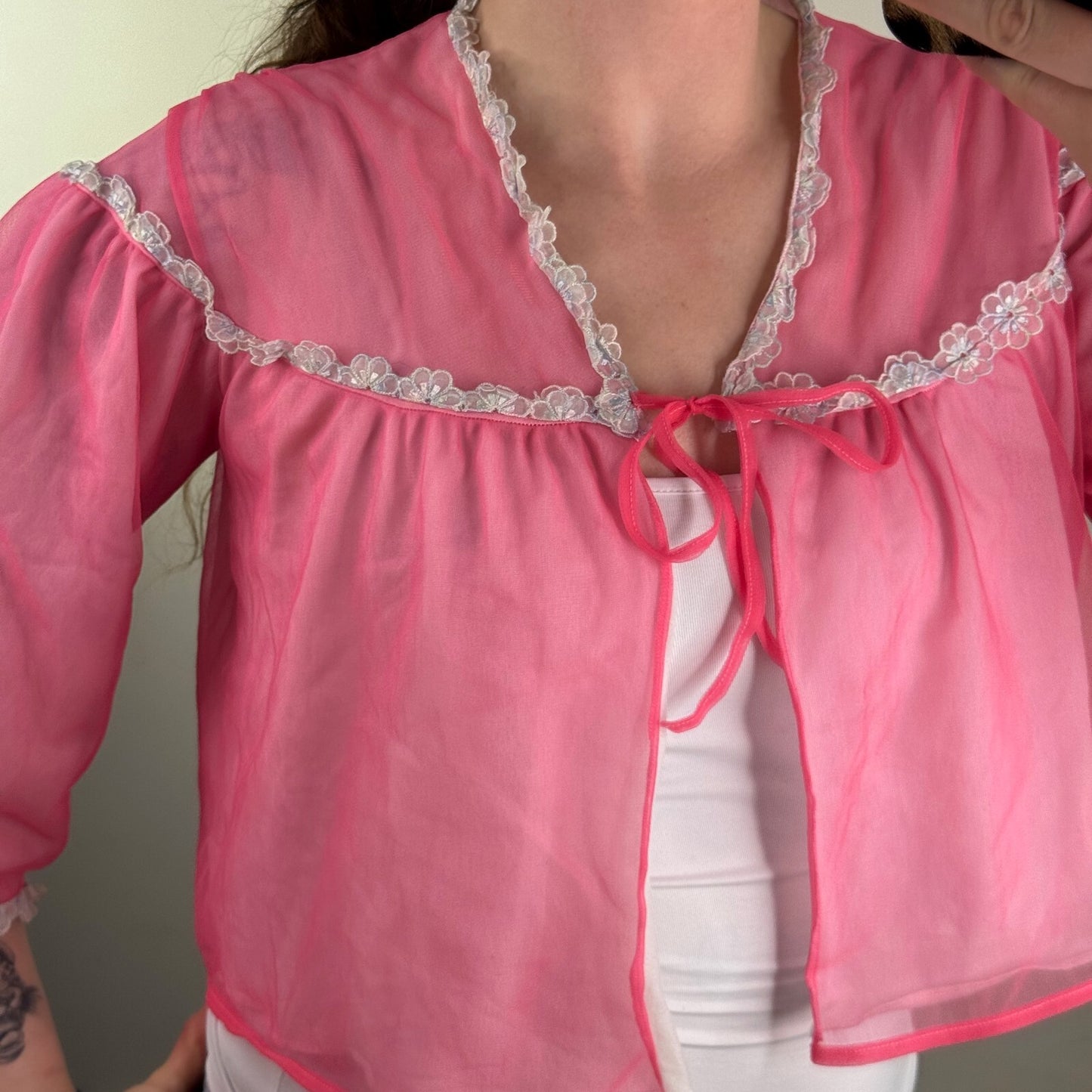 Vintage mesh cardigan nightwear crop short 3/4 sleeve tie front bow floral trim