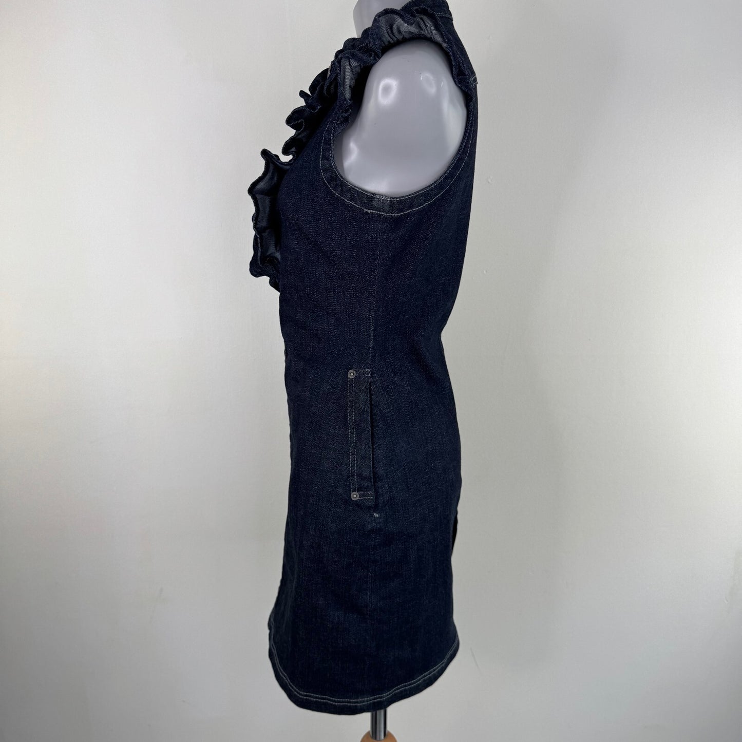 Y2K vintage Ted Baker denim mini dress ruffle bust button up sleeveless fitted