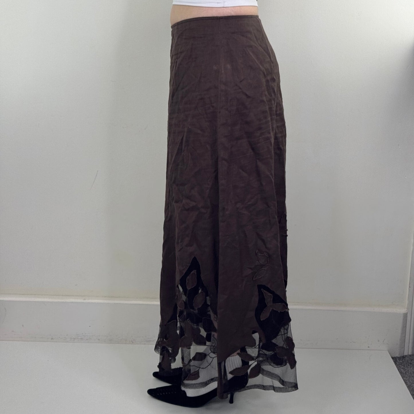 Y2K vintage Per Una maxi skirt 100% linen boho leaf sheer mesh brown a line