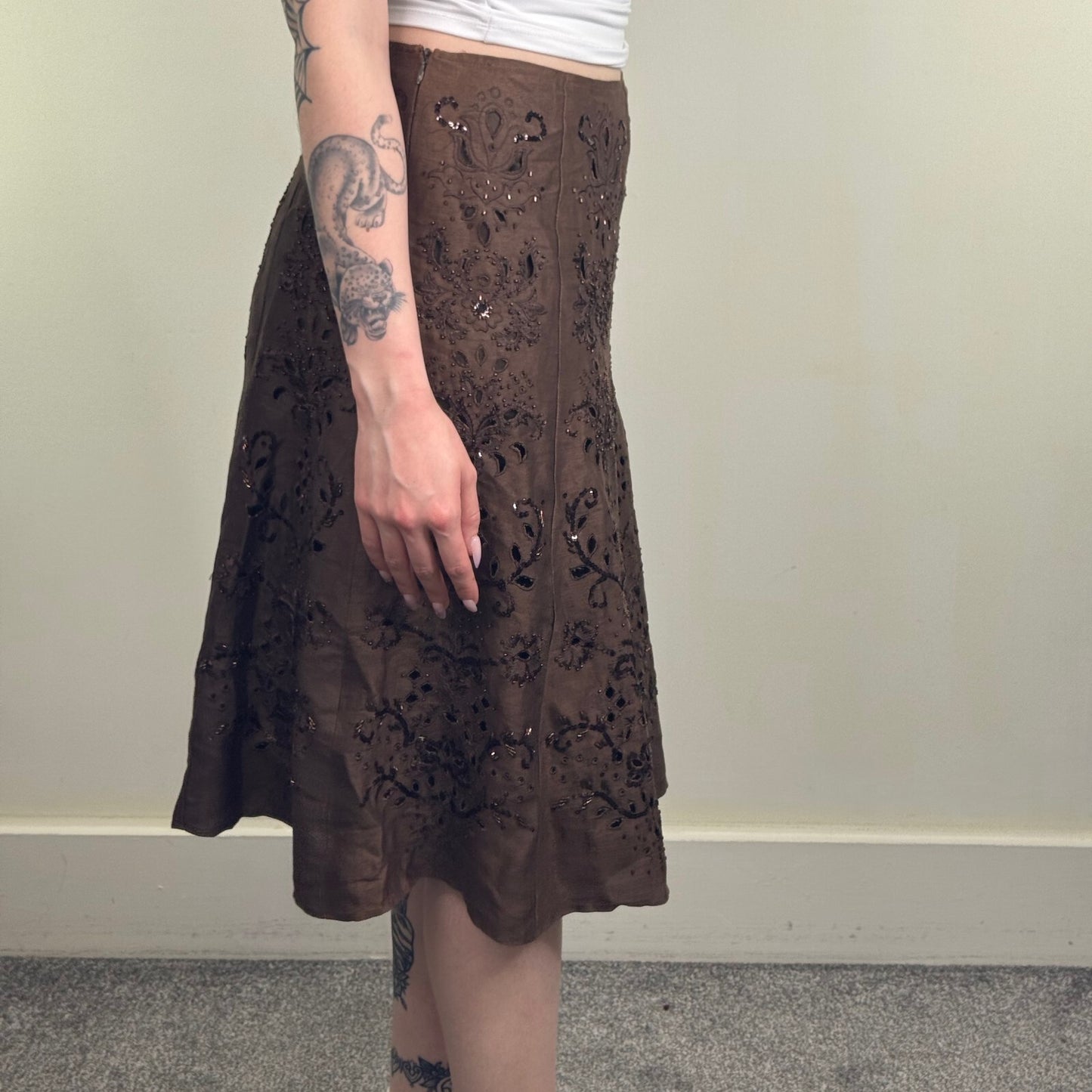Y2K vintage midi skirt linen silk blend a line beaded floral embroidered sequin