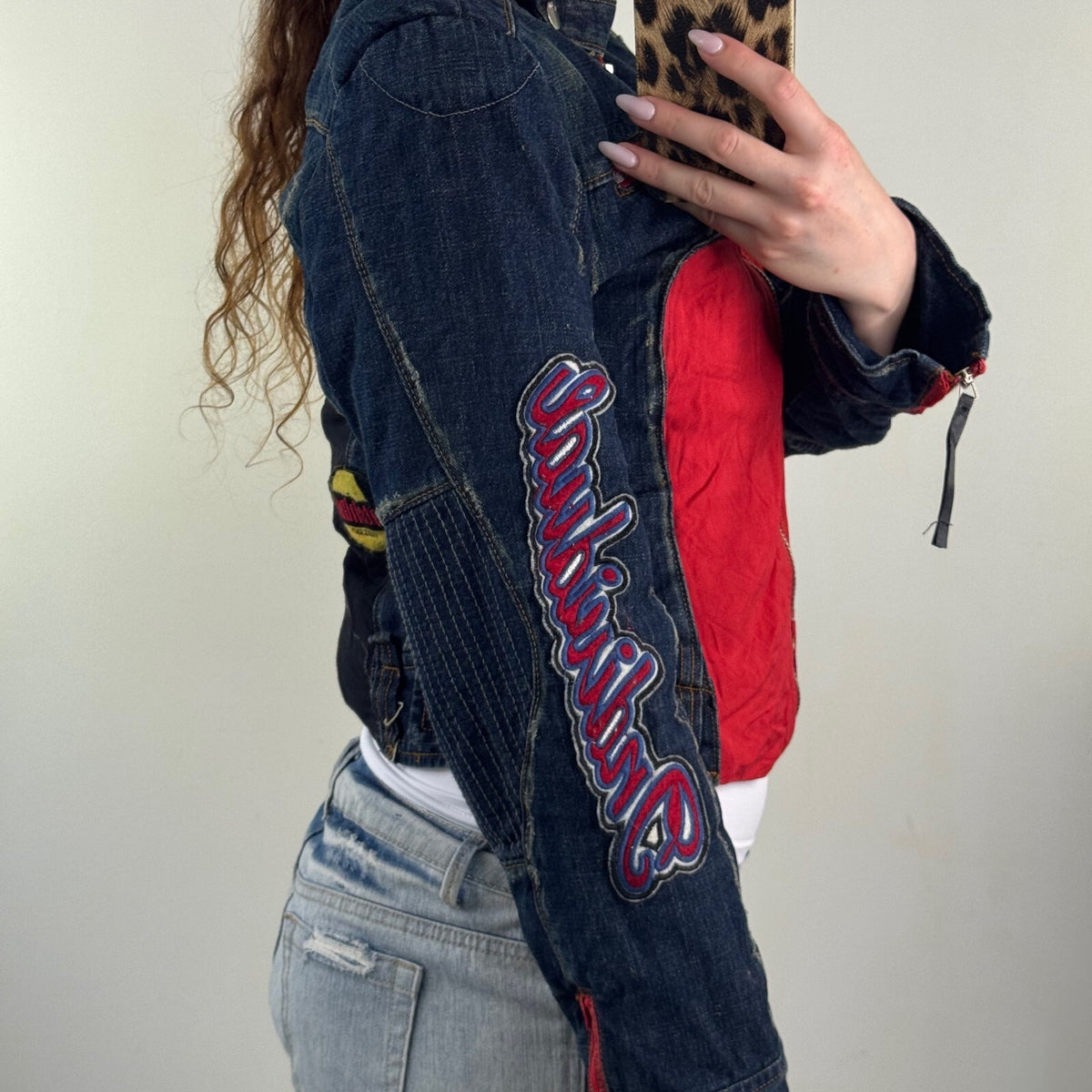 Y2K vintage denim jacket biker motorcycle moto zip up short patches high neck