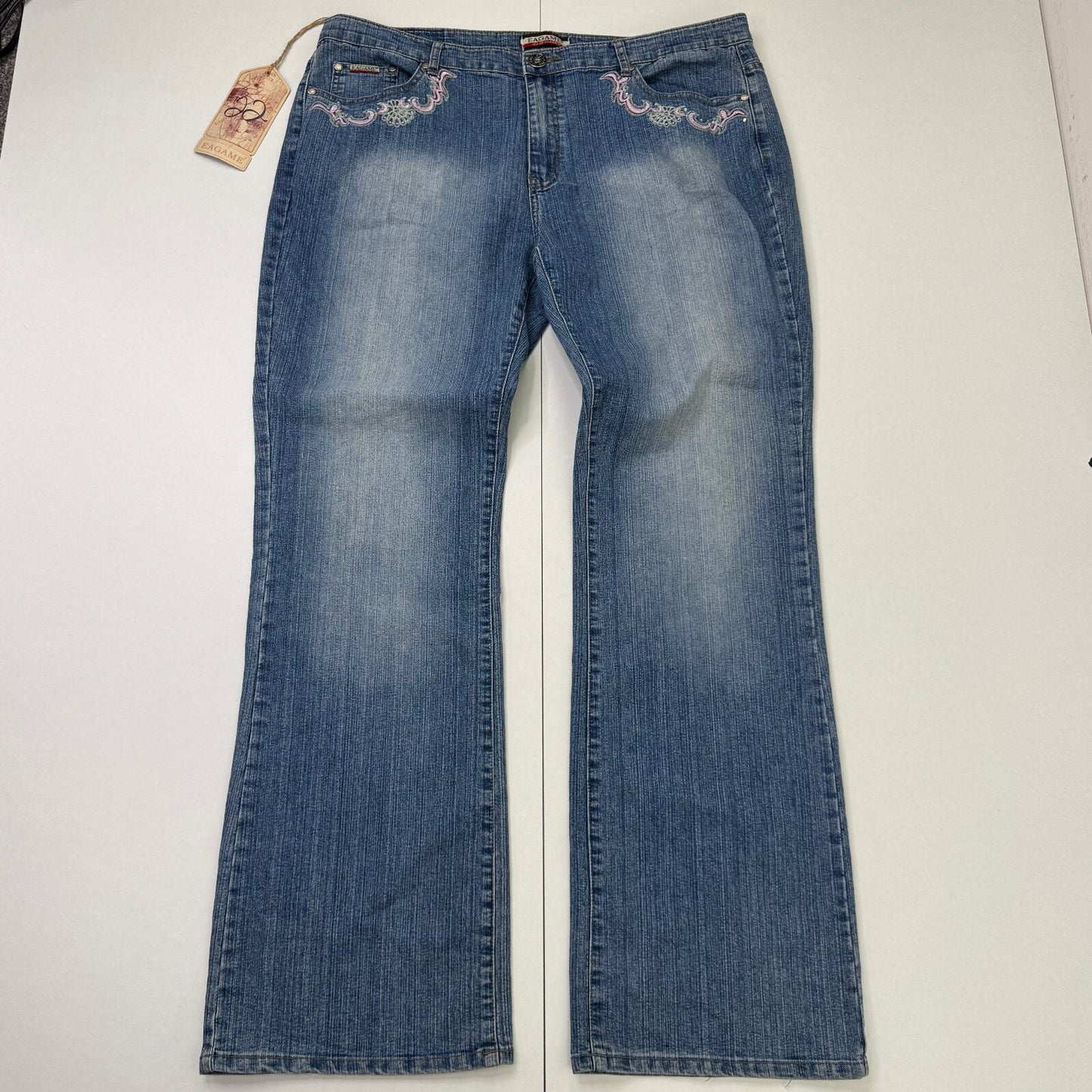 Y2K vintage bootcut denim jeans stretchy rhinestone embroidered faded mid blue