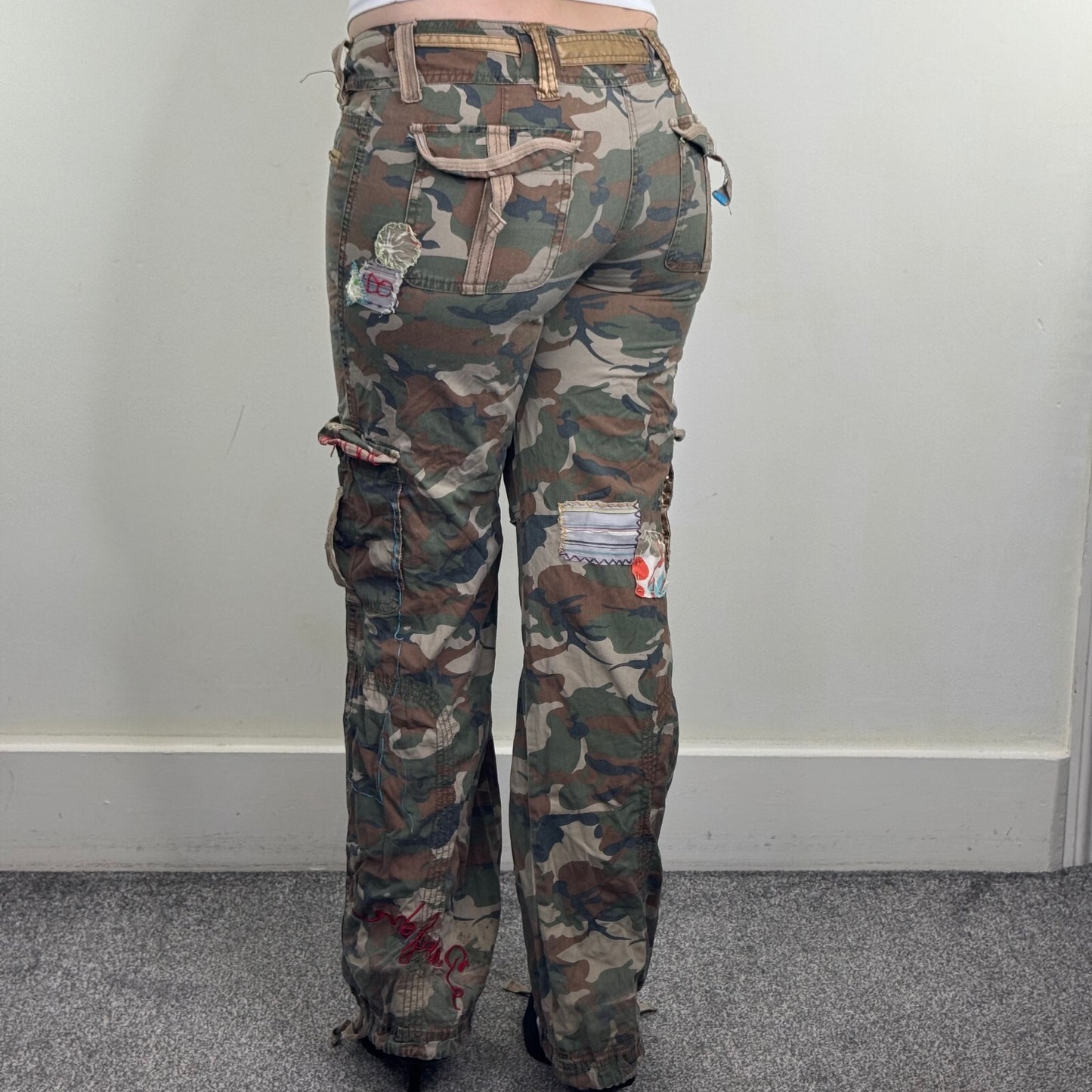 Y2K vintage Punkyfish cargo trousers baggy embroidered low rise camo patchwork