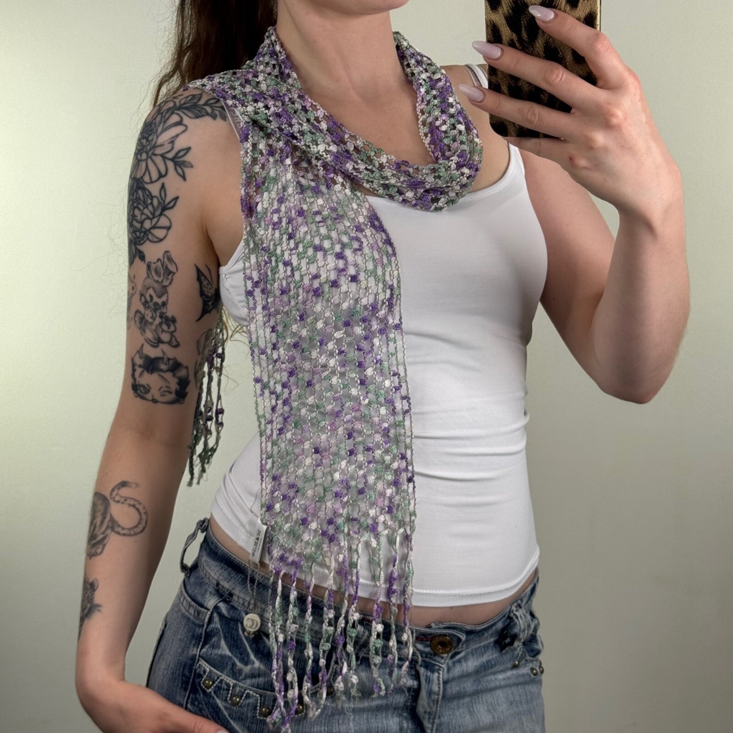 Y2K vintage scarf sheer fine knit fringe purple green skinny thin