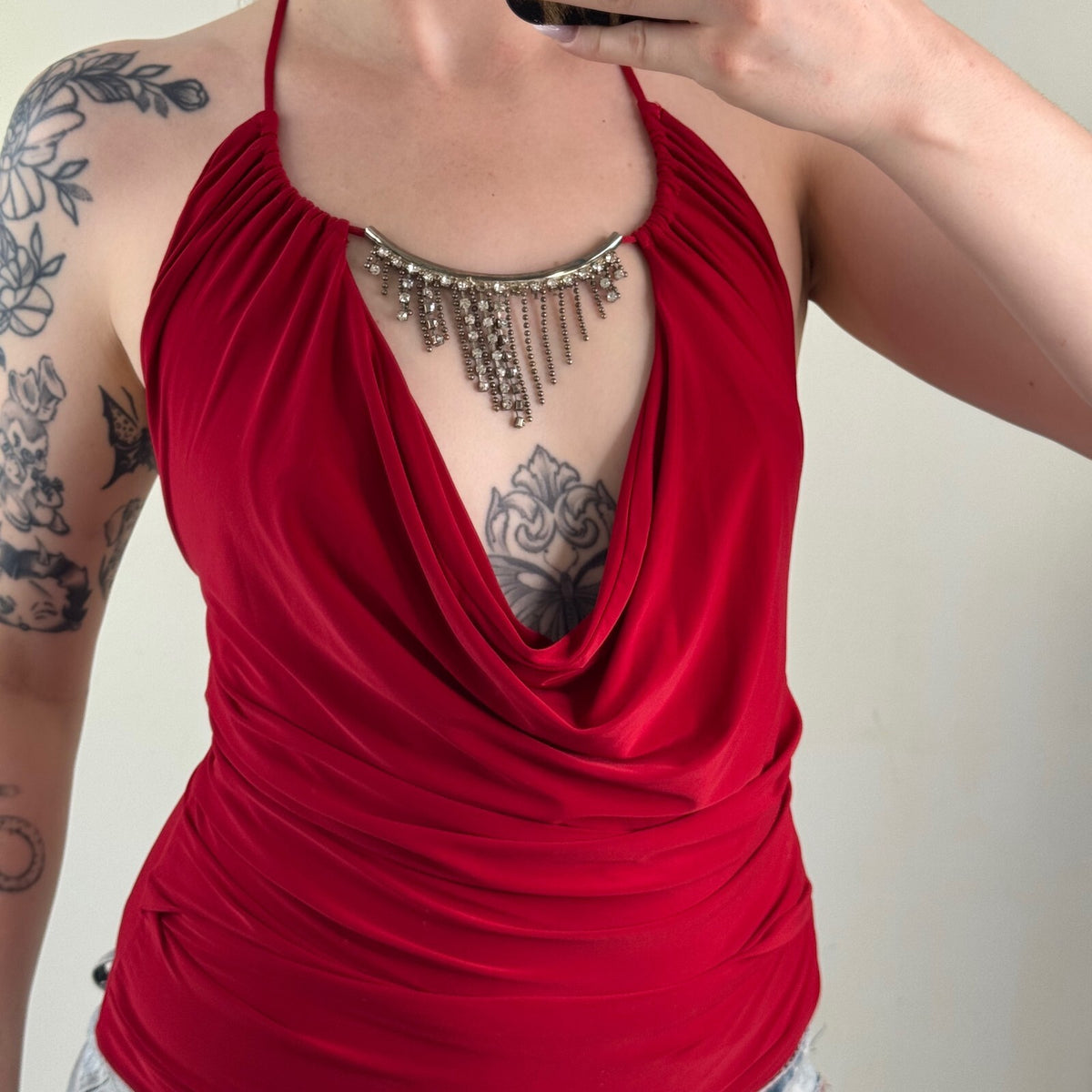Y2K vintage slinky top halter rhinestone cowl neck party going out clubbing red