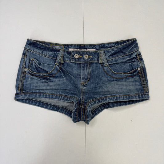 Y2K vintage low rise denim mini shorts micro contrast stitch faded mid blue