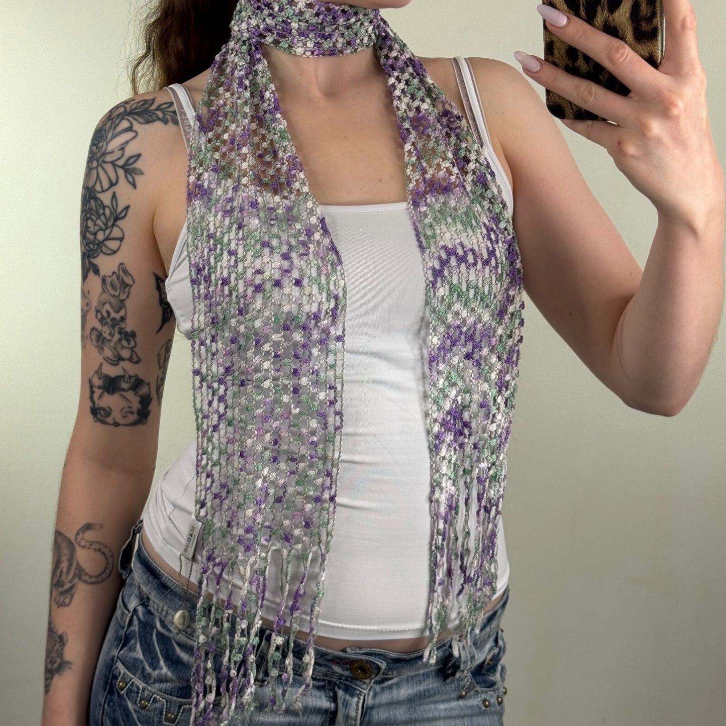 Y2K vintage scarf sheer fine knit fringe purple green skinny thin