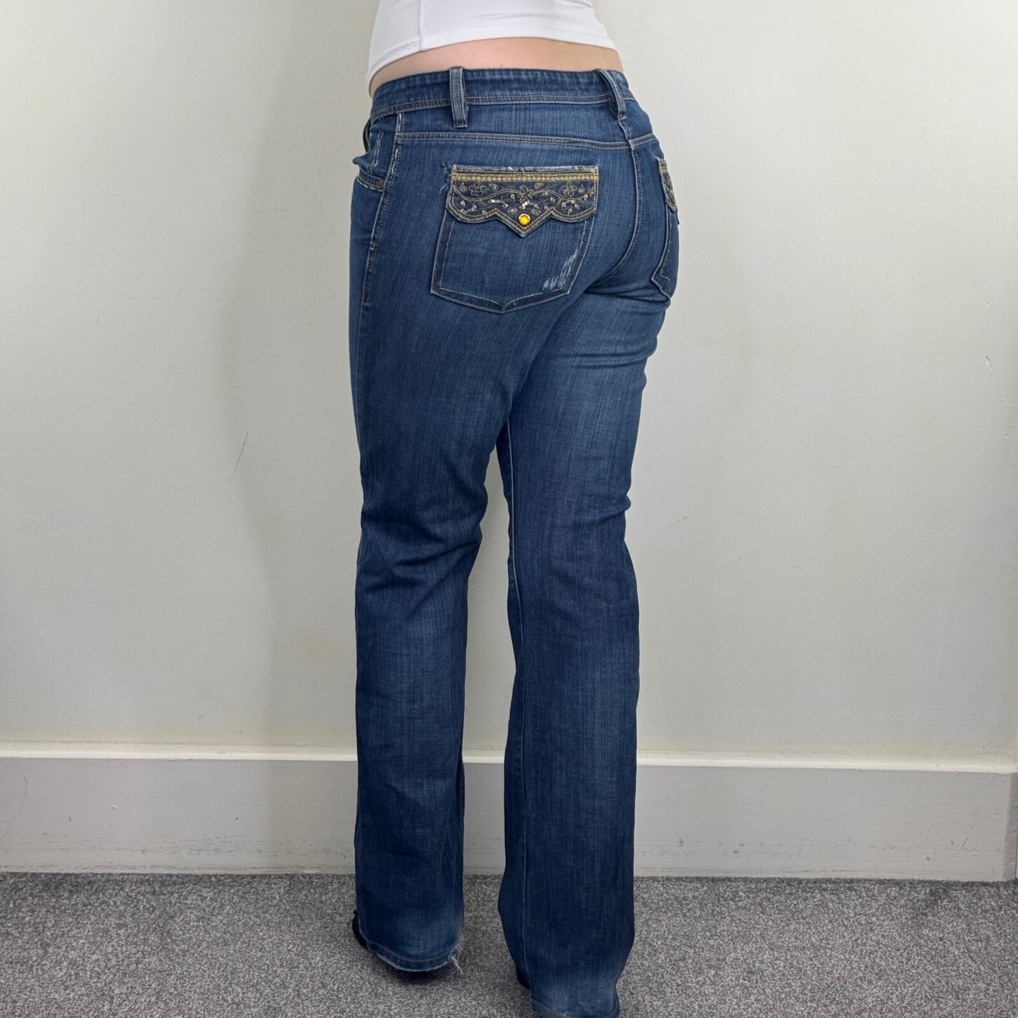 Y2K vintage bootcut denim jeans embroidery dark faded wash sequin distressed