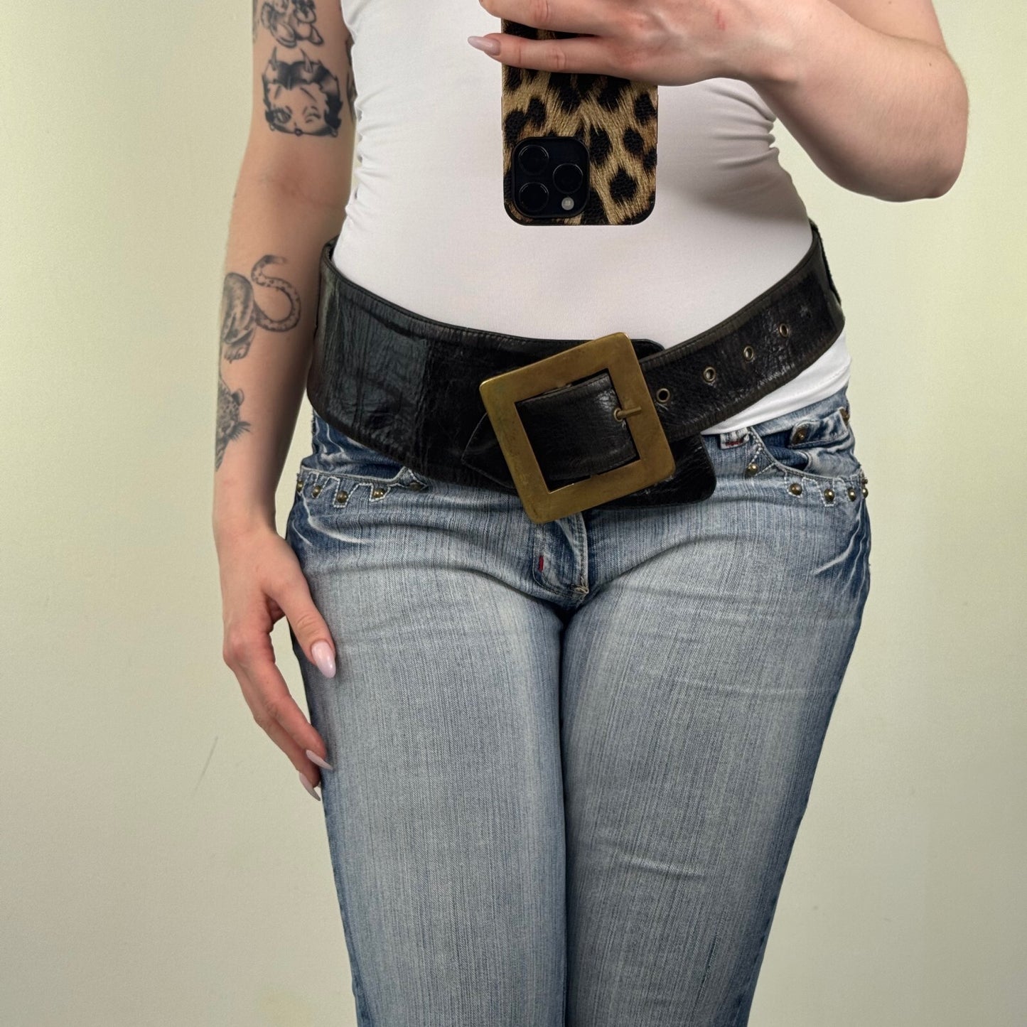 Y2K vintage genuine leather belt chunky oversize square buckle