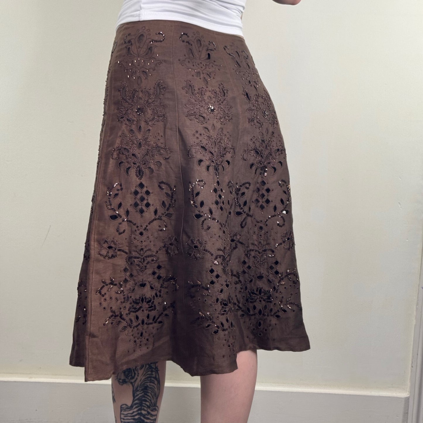 Y2K vintage midi skirt linen silk blend a line beaded floral embroidered sequin