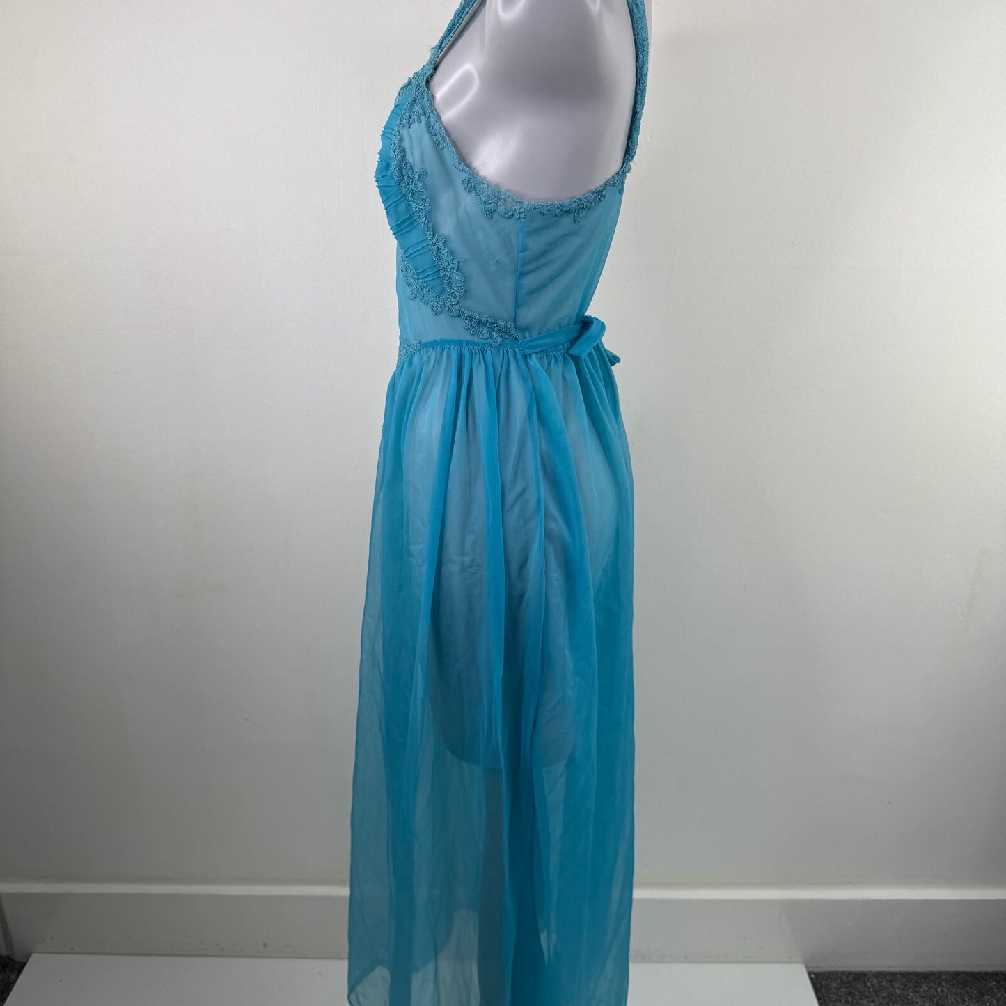 Vintage lingerie sheer maxi dress mesh lace trim bow coquette chiffon nightdress