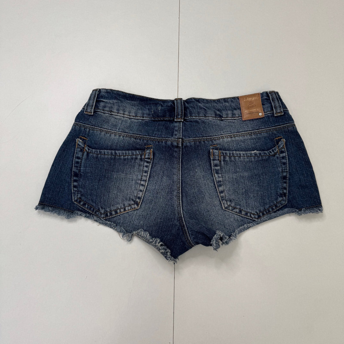 Vintage Y2K low rise denim mini shorts studded rhinestone dark faded wash
