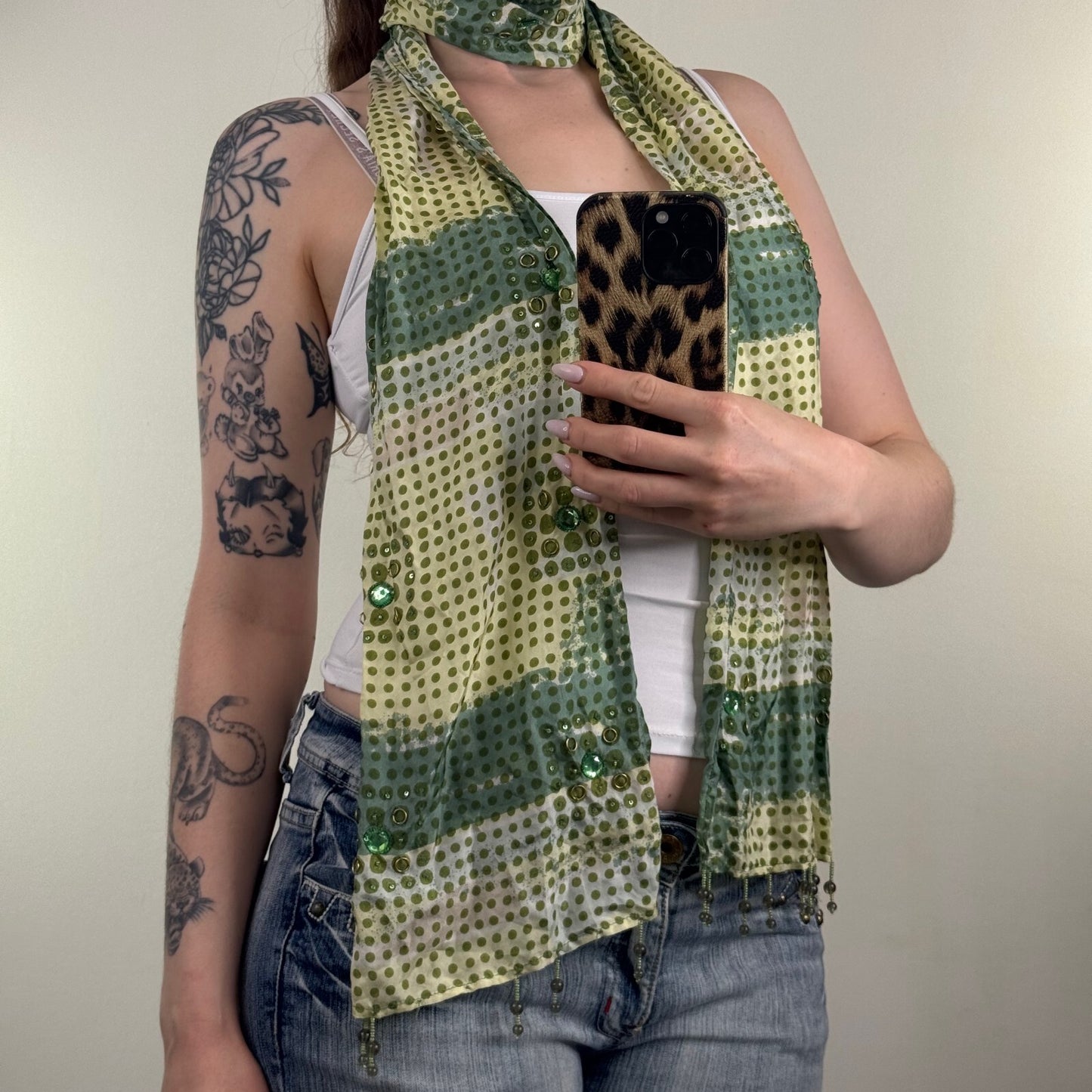 Y2K vintage Per Una scarf 100% silk polka dot sequin green stripe ombre