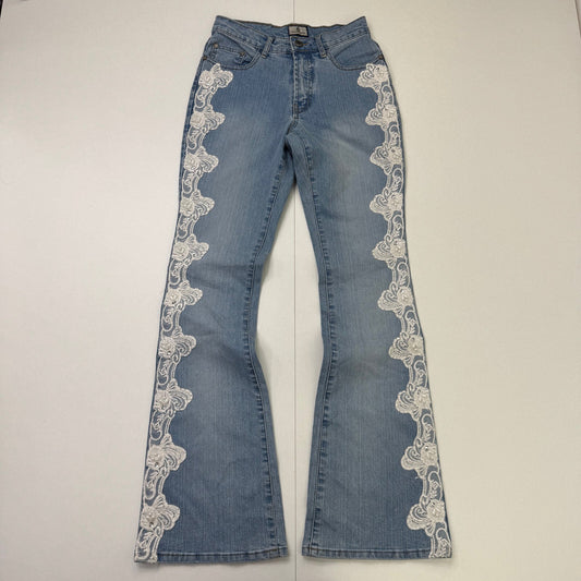 Y2K vintage bootcut denim jeans lace trim detail coquette beaded mid rise