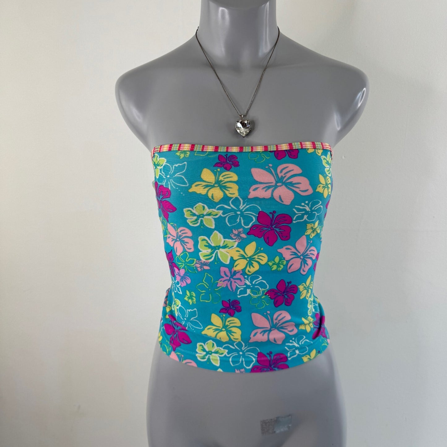 Y2K vintage tankini top strapless hibiscus floral stripe