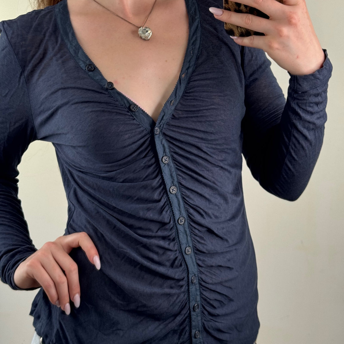 Y2K vintage long sleeve top button up ruched navy sheer lightweight fine knit