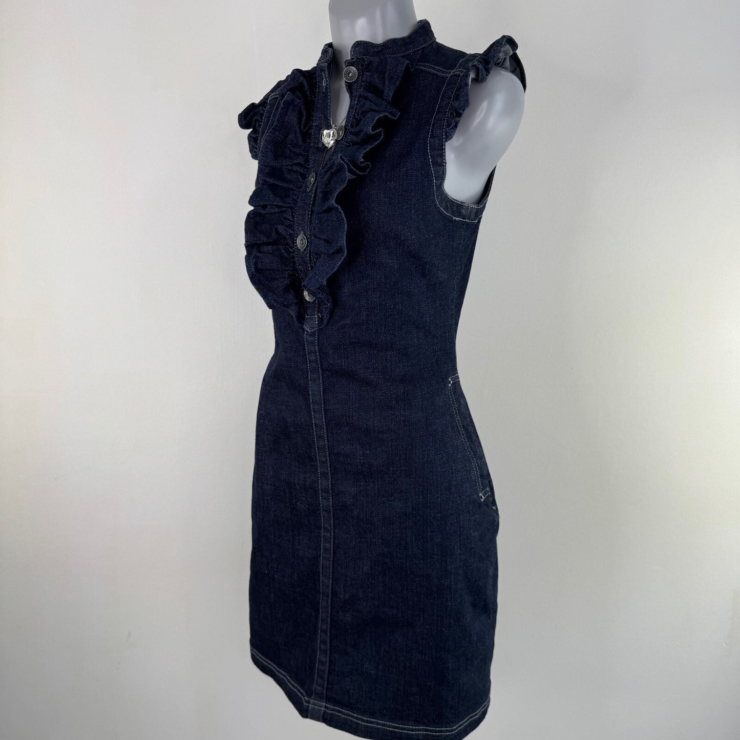Y2K vintage Ted Baker denim mini dress ruffle bust button up sleeveless fitted