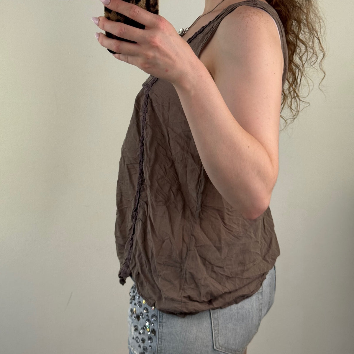 Vintage 100% linen tank top square neck ruffle button up sleeveless blouse