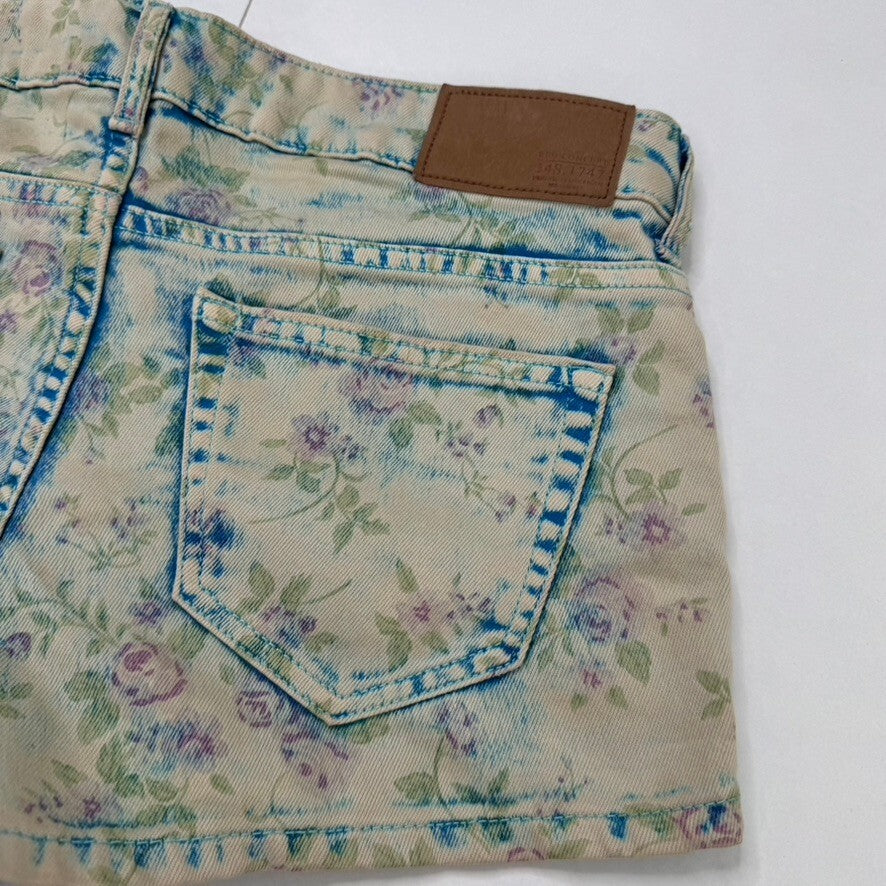 Vintage 2010s denim mini shorts low rise floral faded pattern boho stretchy