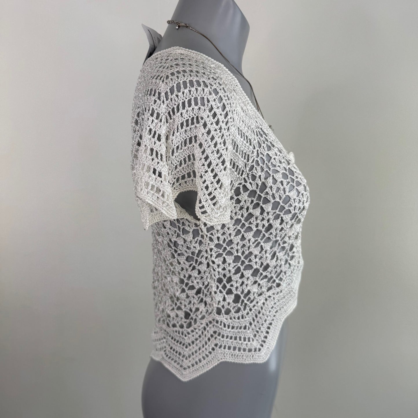 Y2K vintage short sleeve crochet top button up sheer knit v neck cardigan white