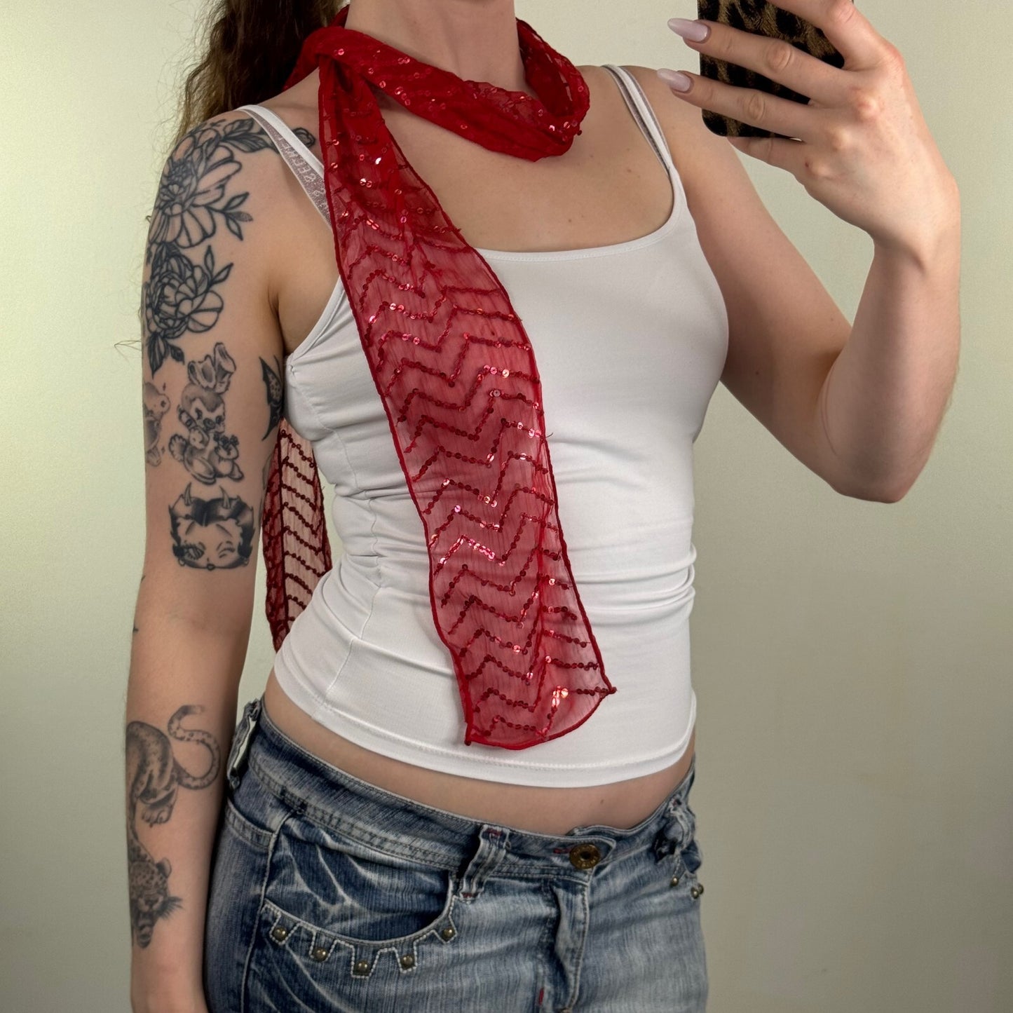 Y2K vintage scarf sequin embellished chevron mesh sheer skinny thin