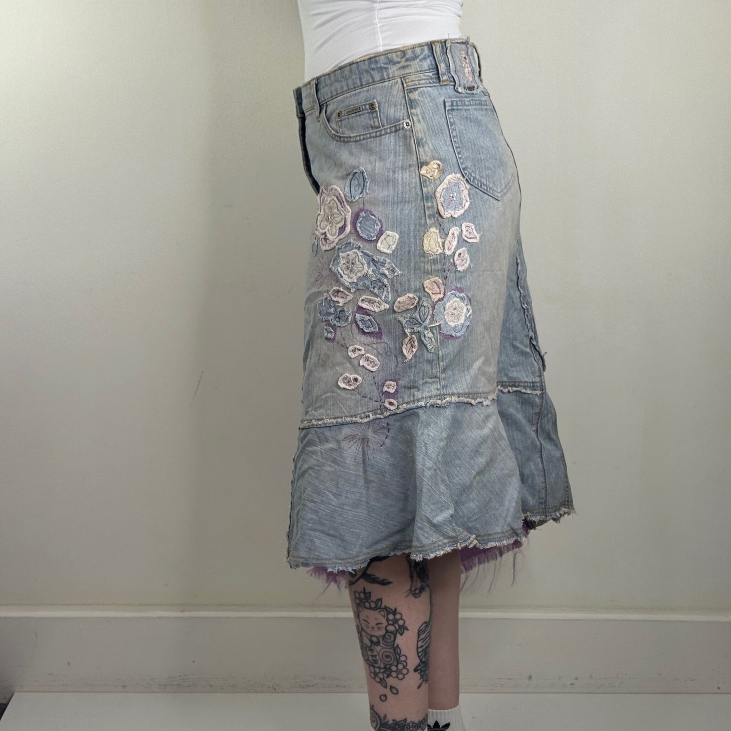 Y2K vintage denim midi skirt asymmetrical floral fairy boho embroidered a line
