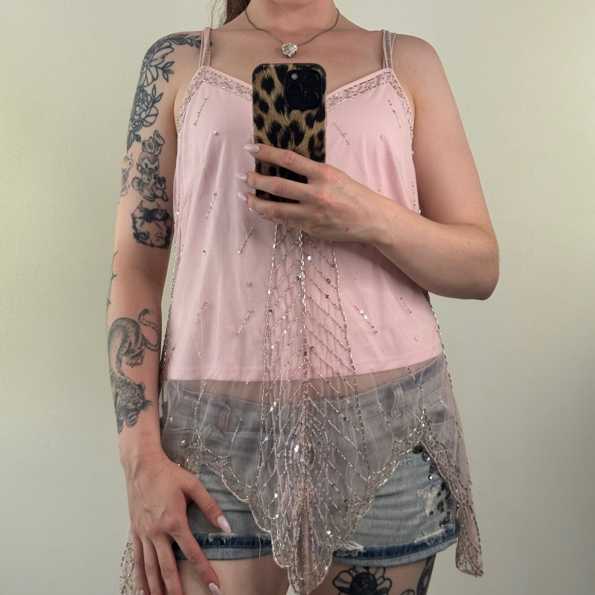 Y2K vintage fairy cami top beaded embellished baby pink mesh sequin coquette