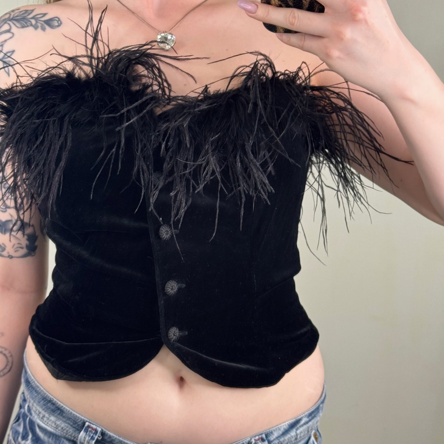Vintage 1980s Laura Ashley bustier top boned velvet feather trim button up crop
