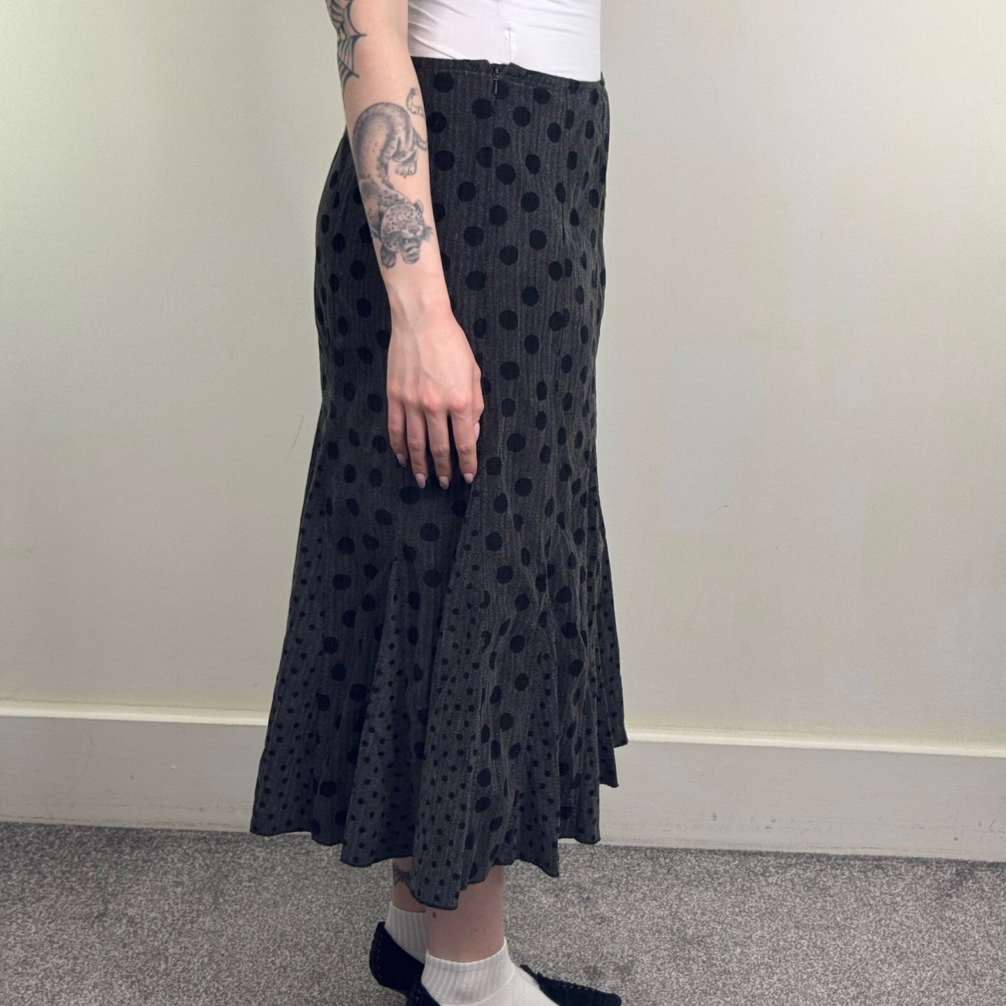 Y2K vintage Per Una maxi skirt polka dot cotton a line gathered grey black