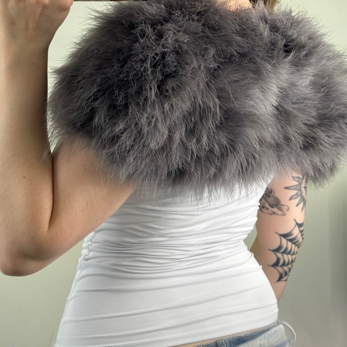 Y2K vintage feather shawl bolero grey super crop short sleeve open front