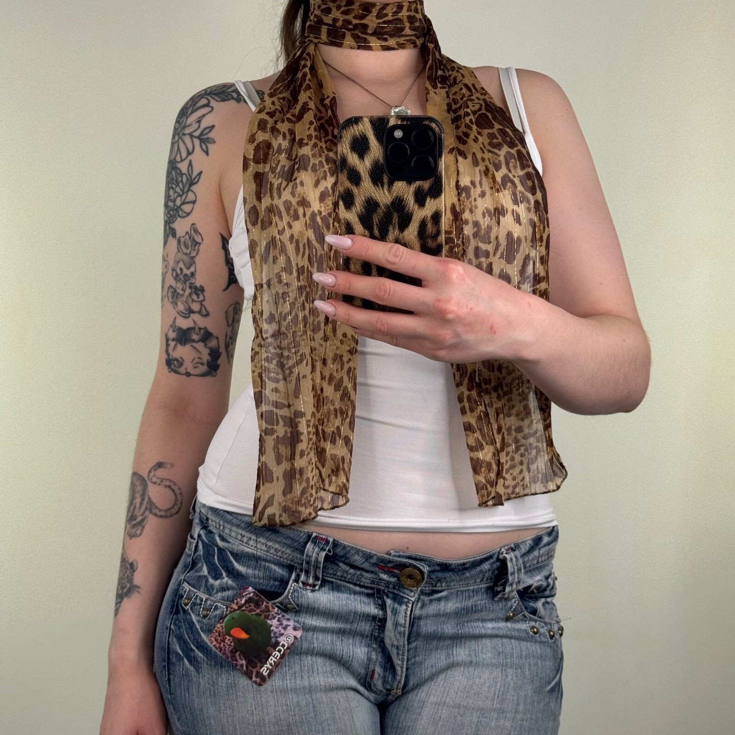 Y2K vintage scarf leopard print sheer brown sparkly pinstripe glitter skinny