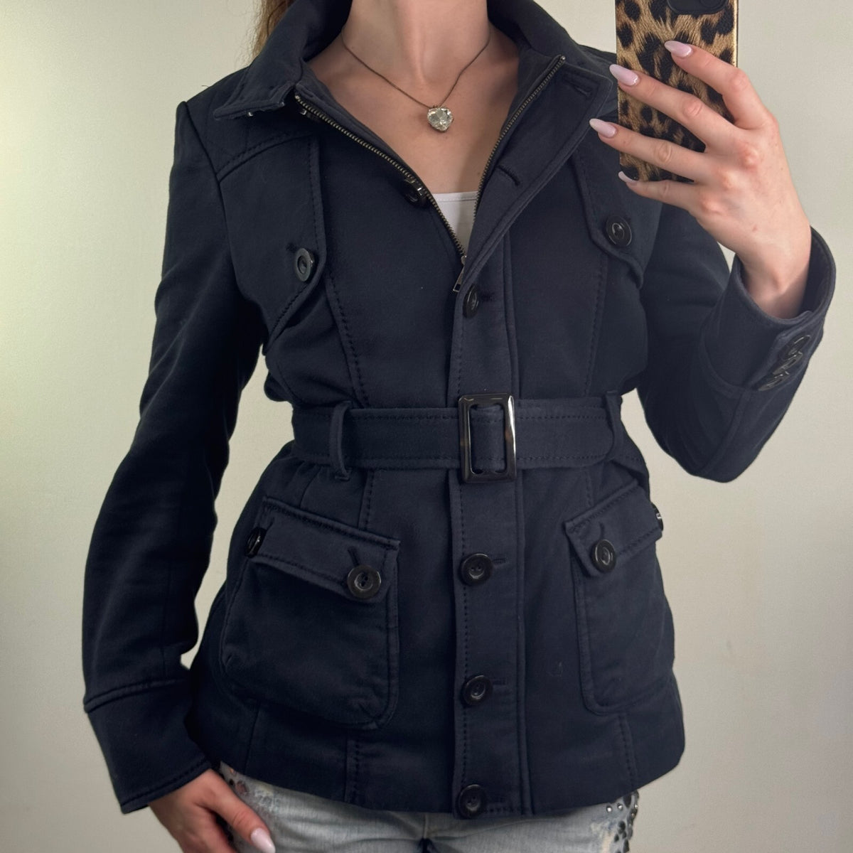 Y2K vintage high neck jacket full zip up belted button stretchy quilted trench