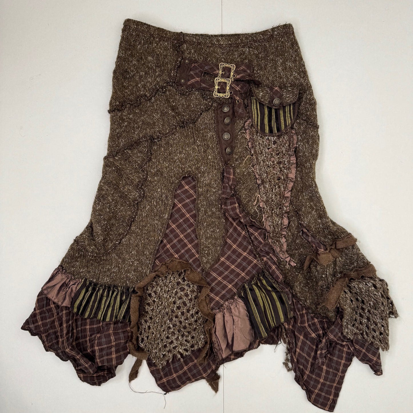 Y2K vintage Juju & Christine maxi skirt knit patchwork buckle boho asymmetrical