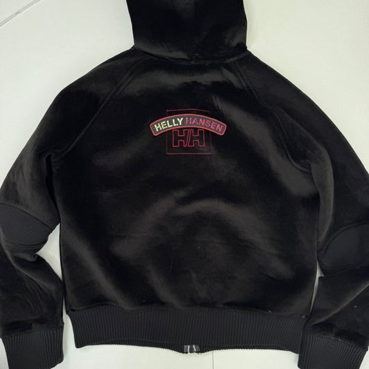 Vintage Y2K Helly Hansen Black Velour Hooded Bomber Jacket Zip Up