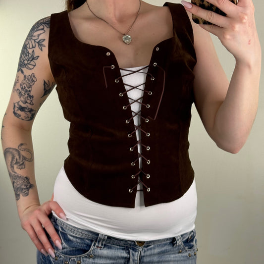 Y2K vintage lace up top velvet bustier style deep back eyelet brown boho stretch