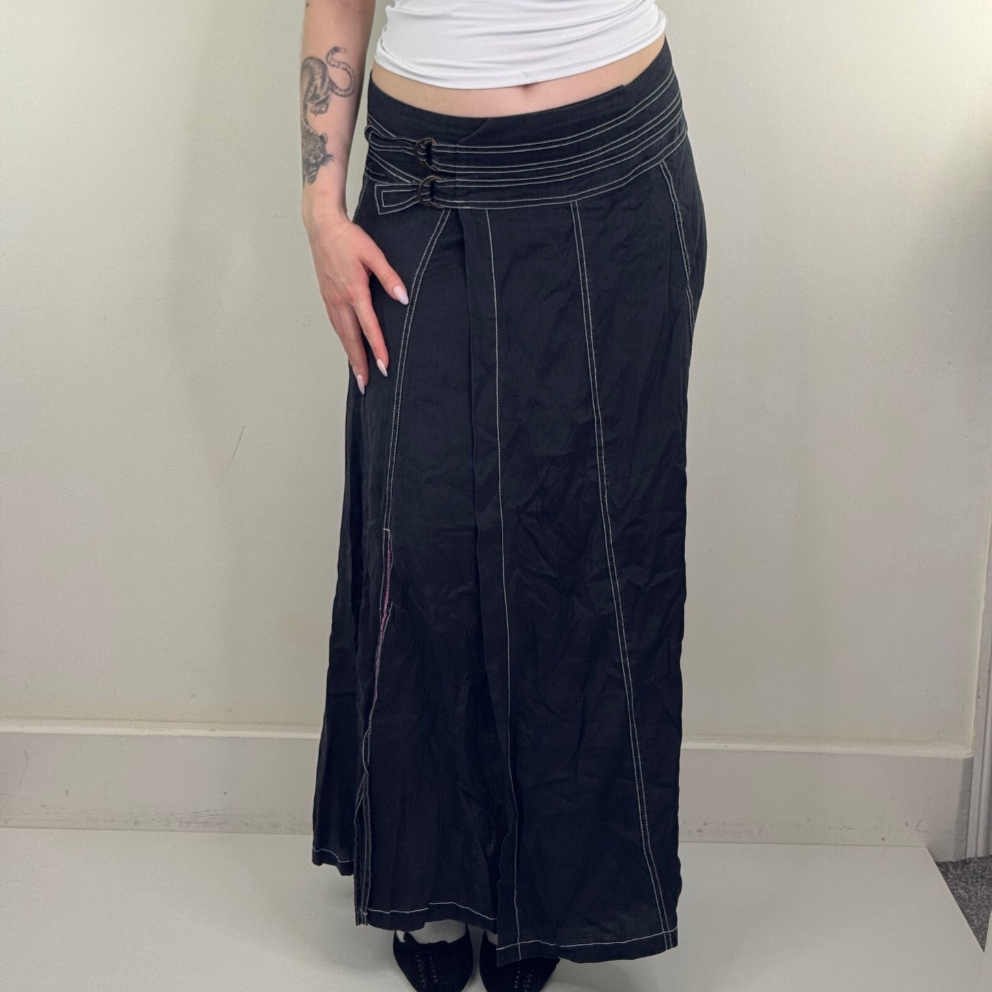 Y2K vintage 100% linen maxi skirt a line archive contrast stitch buckle