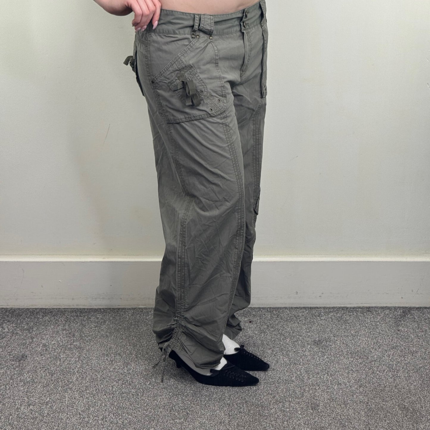 Y2K vintage cargo trousers pants utility baggy ruched bow pockets baggy khaki