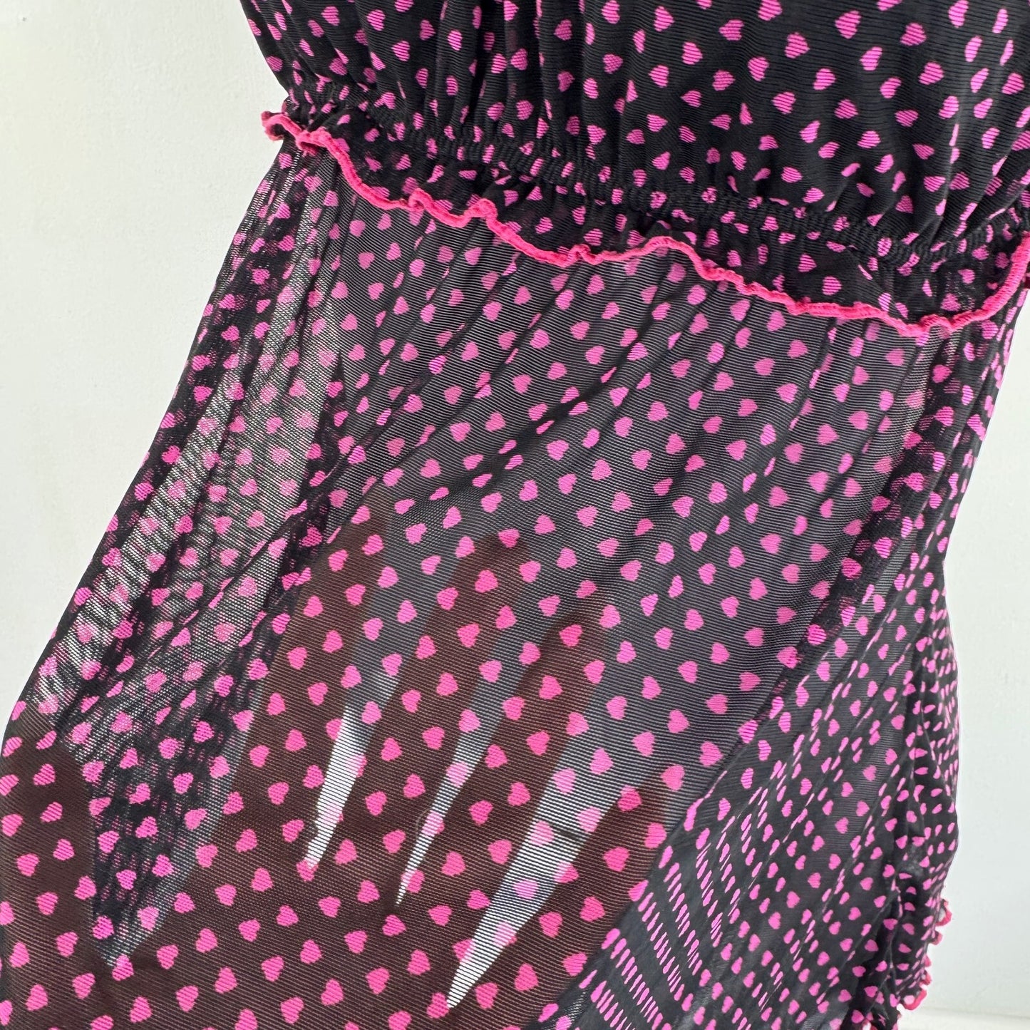 Y2K vintage mesh babydoll cami top hearts bow ruched bust sheer