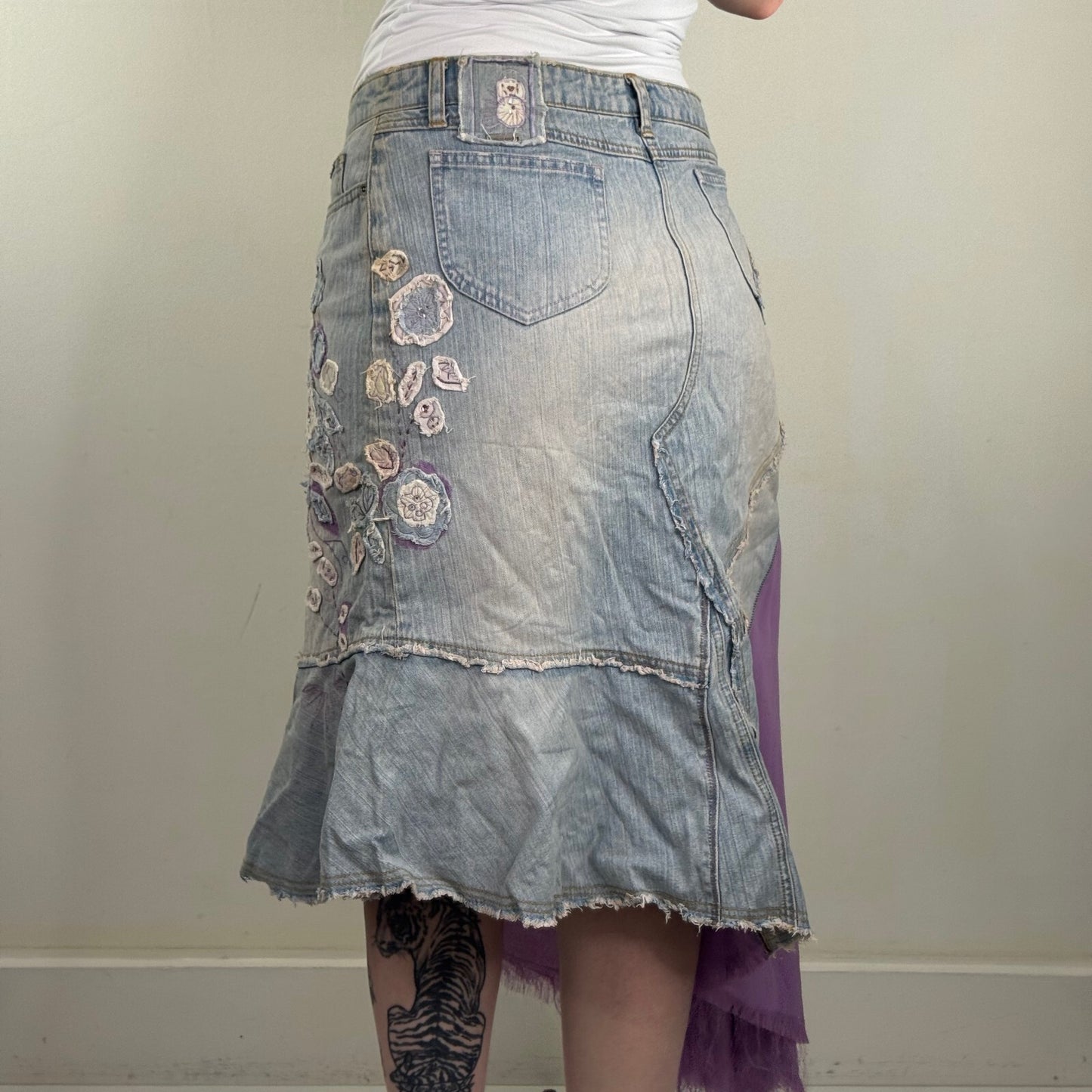 Y2K vintage denim midi skirt asymmetrical floral fairy boho embroidered a line