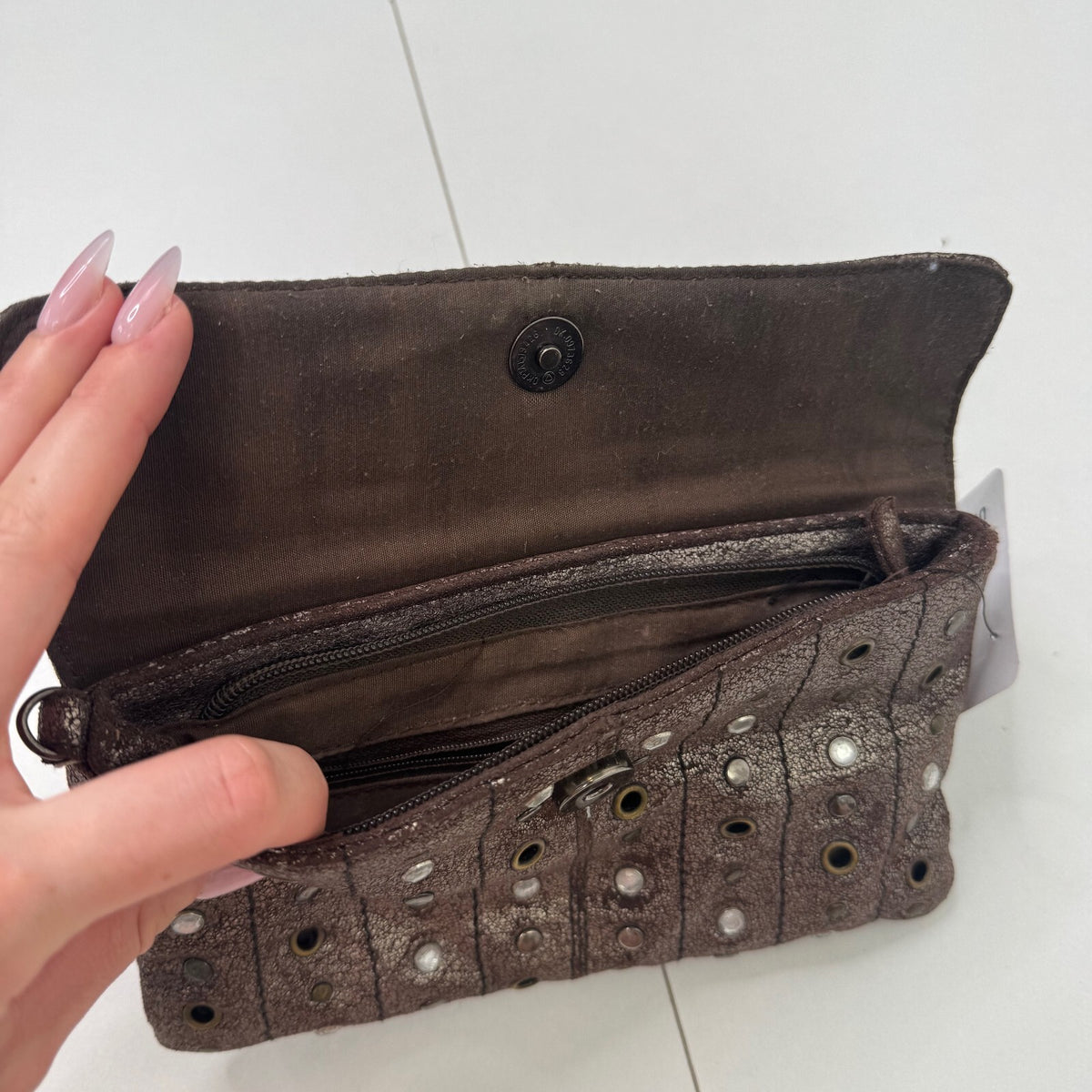 Vintage Y2K clutch mini small evening bag studs rhinestones metallic distressed