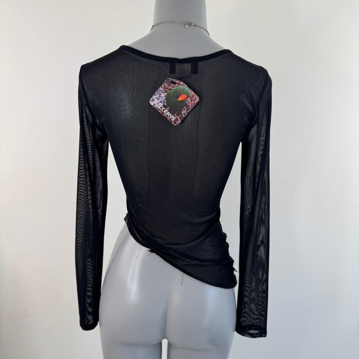 Y2K vintage long sleeve top mesh asymmetrical hem sheer stretchy fitted black