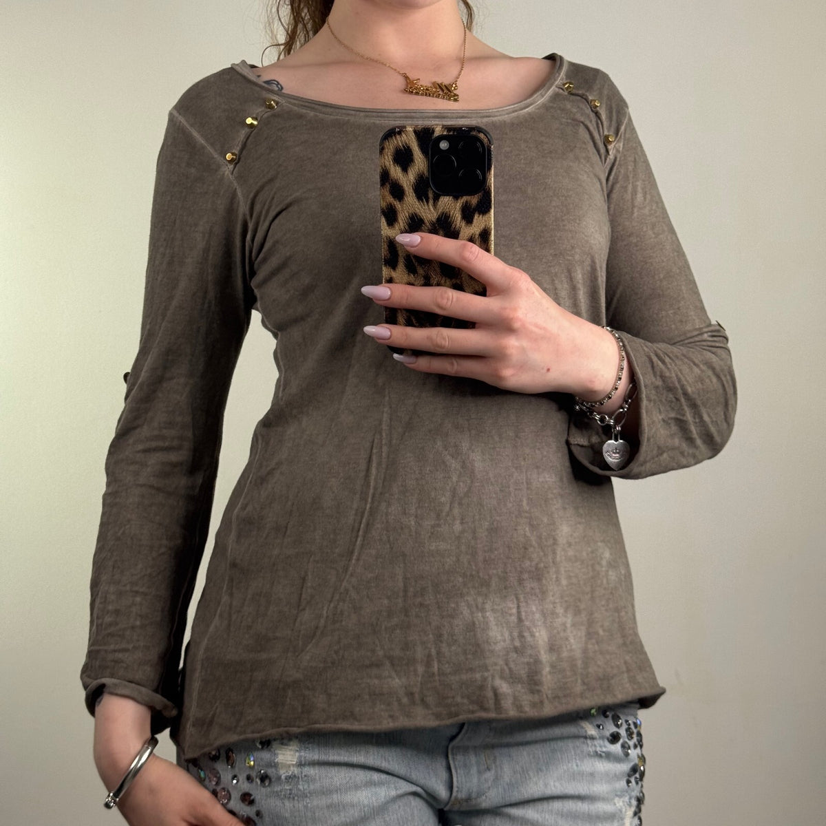 Y2K vintage long sleeve top studded khaki rolled up scoop neck