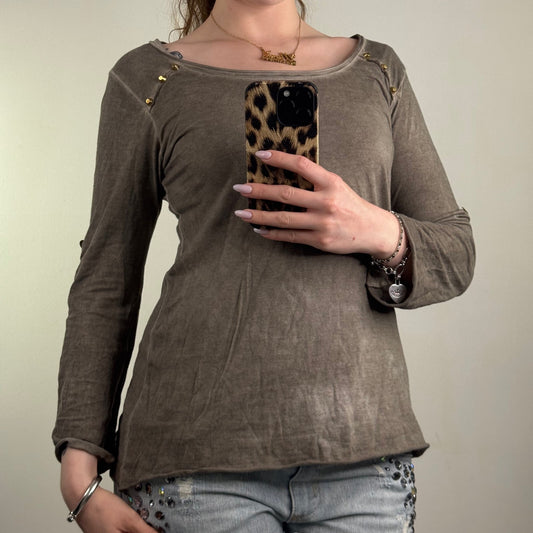 Y2K vintage long sleeve top studded khaki rolled up scoop neck