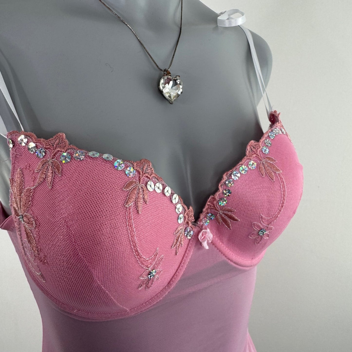Y2K vintage mesh babydoll sequin floral embroidered mini dress sheer bow