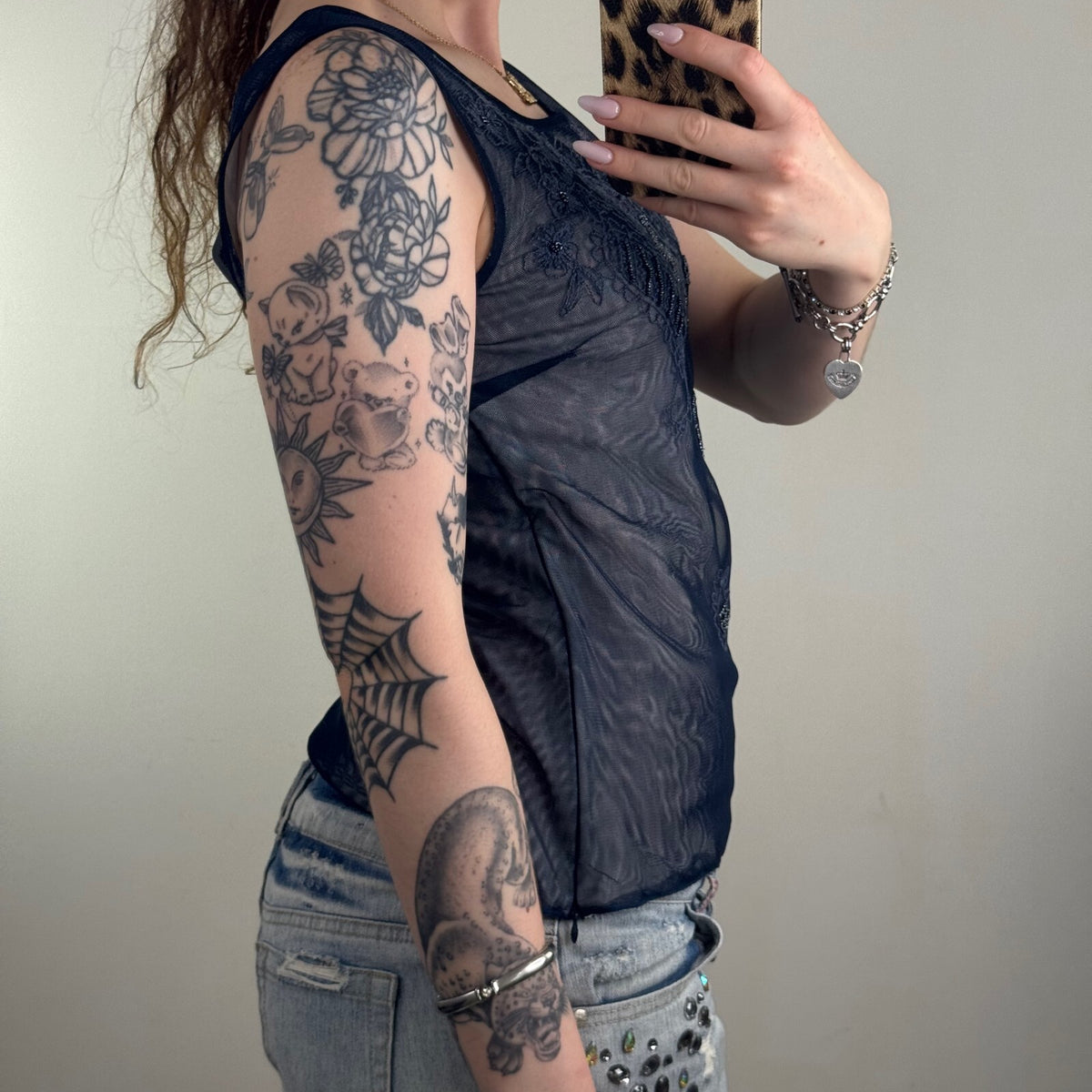Y2K vintage tank top mesh beaded embellished navy floral paisley sleeveless
