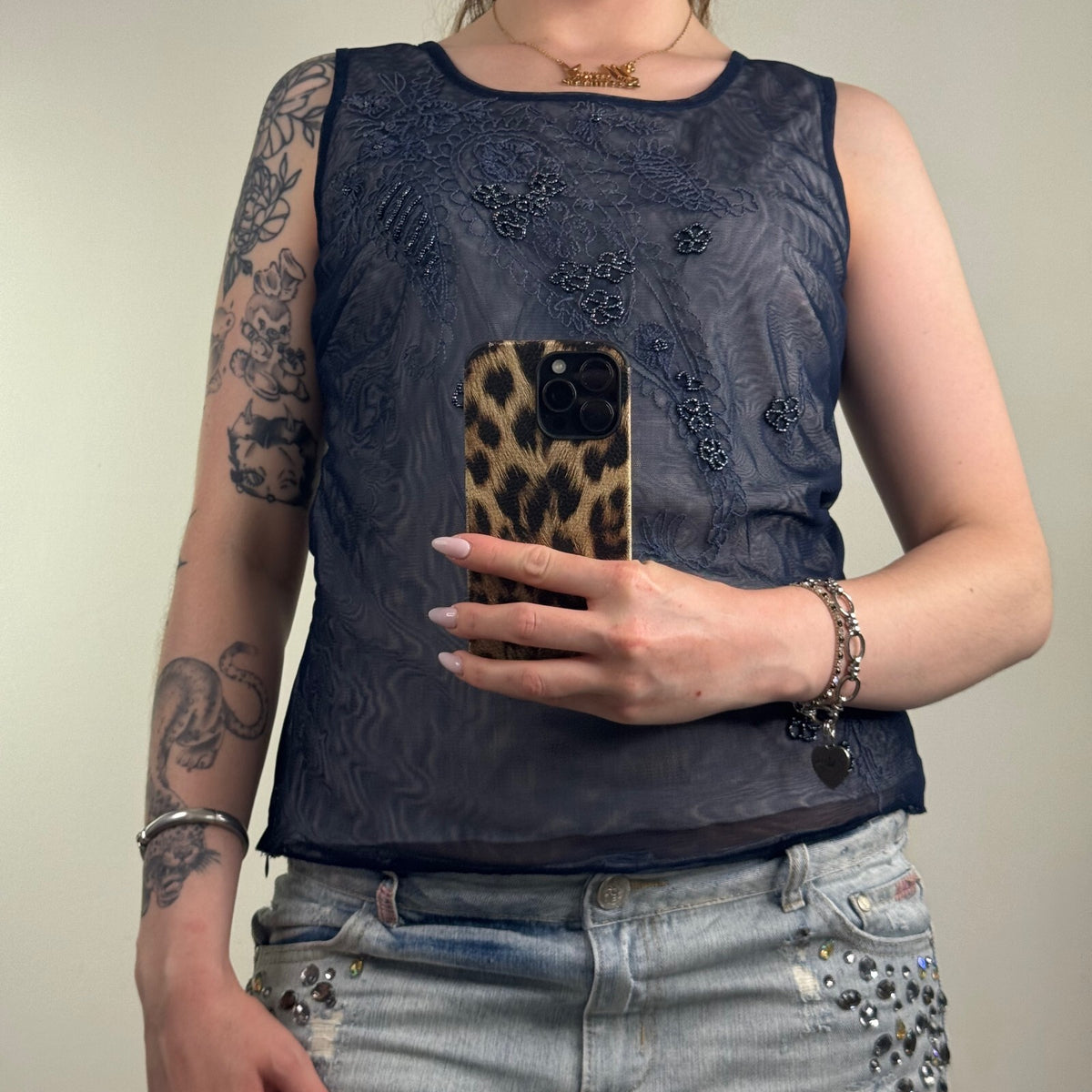 Y2K vintage tank top mesh beaded embellished navy floral paisley sleeveless
